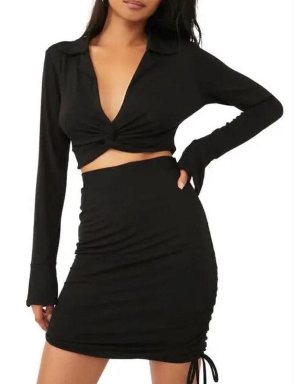 Free People We The Free Clara Ruched Long Sleeve Crop Top Black Size XS